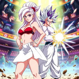 An anime-inspired scene depicting Vayla, a sexy and strong female Saiyan with big boobs, silver-pink hair, and captivating violet eyes
