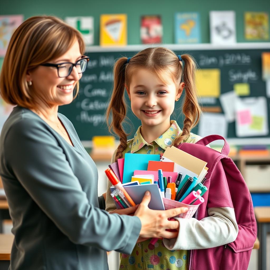 A heartwarming scene in a classroom, depicting a young girl with bright, expressive eyes, joyfully receiving a gift of school supplies from her teacher