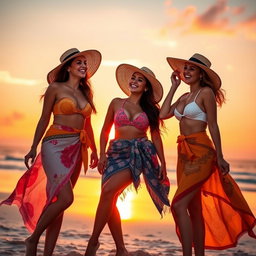 A vibrant, artistic representation of beauty and confidence, showcasing three young women in a tasteful setting