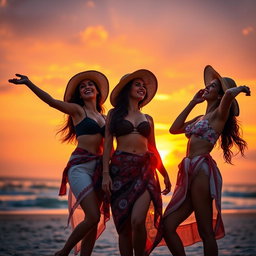 A vibrant, artistic representation of beauty and confidence, showcasing three young women in a tasteful setting