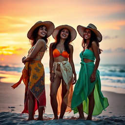 A vibrant, artistic representation of beauty and confidence, showcasing three young women in a tasteful setting