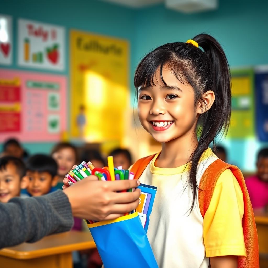 A heartwarming scene in a classroom, depicting a young girl with a bright smile, filled with joy and excitement, as her teacher gifts her a pack of school supplies