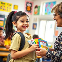 A heartwarming scene in a classroom, depicting a young girl with a bright smile, filled with joy and excitement, as her teacher gifts her a pack of school supplies