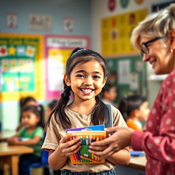 A heartwarming scene in a classroom, depicting a young girl with a bright smile, filled with joy and excitement, as her teacher gifts her a pack of school supplies