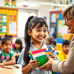 A heartwarming scene in a classroom, depicting a young girl with a bright smile, filled with joy and excitement, as her teacher gifts her a pack of school supplies