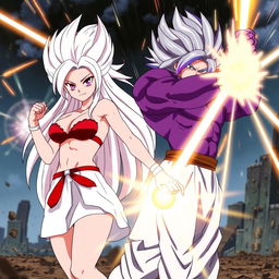 An anime scene featuring Vayla, a sexy, strong, and calm female Saiyan with stunning silver-pink hair and captivating violet eyes
