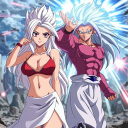 An anime scene featuring Vayla, a sexy, strong, and calm female Saiyan with stunning silver-pink hair and captivating violet eyes