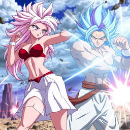 An anime scene featuring Vayla, a sexy, strong, and calm female Saiyan with stunning silver-pink hair and captivating violet eyes
