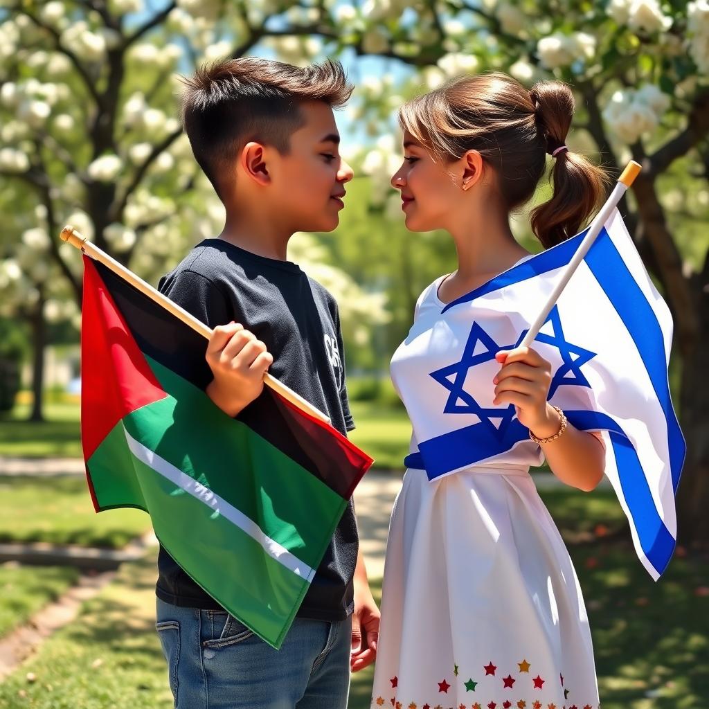 A poignant scene depicting a Palestinian boy and an Israeli girl, both young teenagers, standing face to face in a park