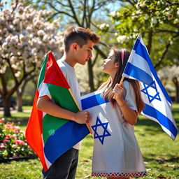 A poignant scene depicting a Palestinian boy and an Israeli girl, both young teenagers, standing face to face in a park