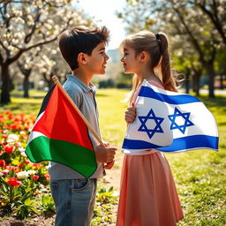 A poignant scene depicting a Palestinian boy and an Israeli girl, both young teenagers, standing face to face in a park