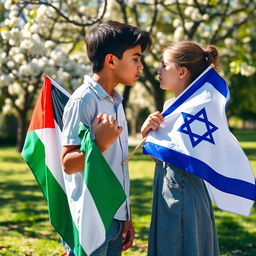 A poignant scene depicting a Palestinian boy and an Israeli girl, both young teenagers, standing face to face in a park