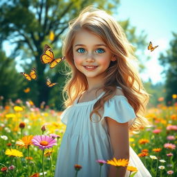 A beautiful girl with long wavy hair, bright blue eyes, and a warm smile, standing in a sunlit meadow filled with colorful wildflowers