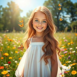 A beautiful girl with long wavy hair, bright blue eyes, and a warm smile, standing in a sunlit meadow filled with colorful wildflowers