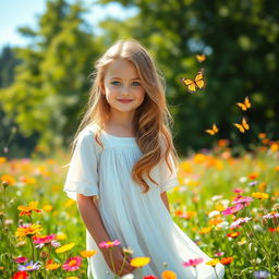 A beautiful girl with long wavy hair, bright blue eyes, and a warm smile, standing in a sunlit meadow filled with colorful wildflowers