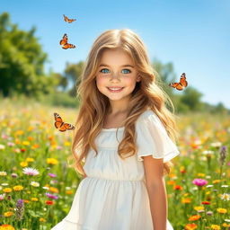 A beautiful girl with long wavy hair, bright blue eyes, and a warm smile, standing in a sunlit meadow filled with colorful wildflowers