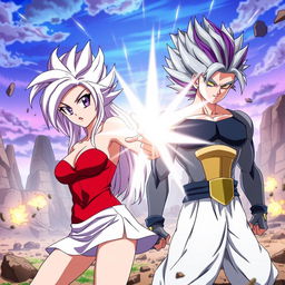 An anime scene featuring Vayla, a sexy, strong, and calm female Saiyan with striking silver-pink hair and captivating violet eyes