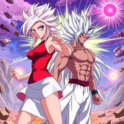 An anime scene featuring Vayla, a sexy, strong, and calm female Saiyan with striking silver-pink hair and captivating violet eyes