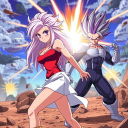 An anime scene featuring Vayla, a sexy, strong, and calm female Saiyan with striking silver-pink hair and captivating violet eyes