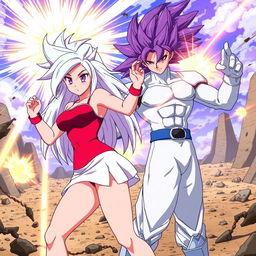 An anime scene featuring Vayla, a sexy, strong, and calm female Saiyan with striking silver-pink hair and captivating violet eyes