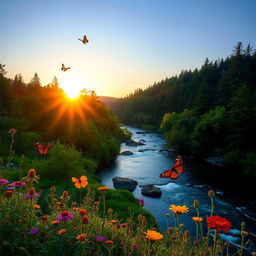 A serene landscape featuring a beautiful river flowing through a lush green forest