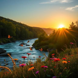 A serene landscape featuring a beautiful river flowing through a lush green forest