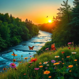 A serene landscape featuring a beautiful river flowing through a lush green forest