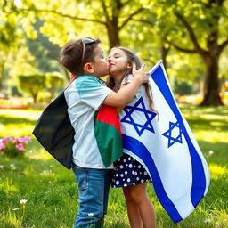A heartwarming scene showing a Palestinian boy and an Israeli girl embracing in a gentle hug, with the boy holding a Palestinian flag and the girl holding an Israeli flag