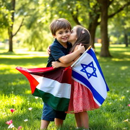 A heartwarming scene showing a Palestinian boy and an Israeli girl embracing in a gentle hug, with the boy holding a Palestinian flag and the girl holding an Israeli flag