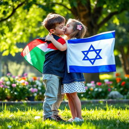 A heartwarming scene showing a Palestinian boy and an Israeli girl embracing in a gentle hug, with the boy holding a Palestinian flag and the girl holding an Israeli flag