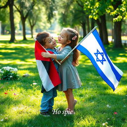 A heartwarming scene showing a Palestinian boy and an Israeli girl embracing in a gentle hug, with the boy holding a Palestinian flag and the girl holding an Israeli flag