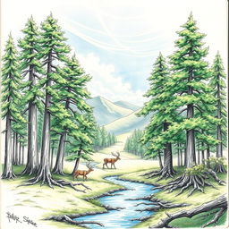 A detailed freehand sketch of a serene forest landscape, showcasing tall, majestic trees with lush green foliage, a gentle stream flowing through the scene, and a variety of wildlife such as deer grazing and birds perched on branches