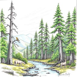 A detailed freehand sketch of a serene forest landscape, showcasing tall, majestic trees with lush green foliage, a gentle stream flowing through the scene, and a variety of wildlife such as deer grazing and birds perched on branches