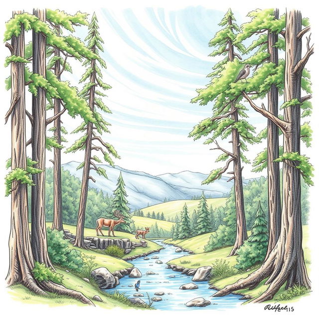 A detailed freehand sketch of a serene forest landscape, showcasing tall, majestic trees with lush green foliage, a gentle stream flowing through the scene, and a variety of wildlife such as deer grazing and birds perched on branches