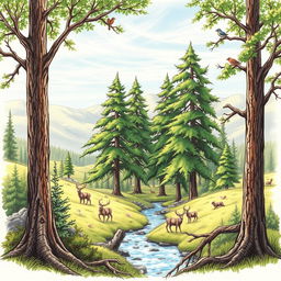 A detailed freehand sketch of a serene forest landscape, showcasing tall, majestic trees with lush green foliage, a gentle stream flowing through the scene, and a variety of wildlife such as deer grazing and birds perched on branches