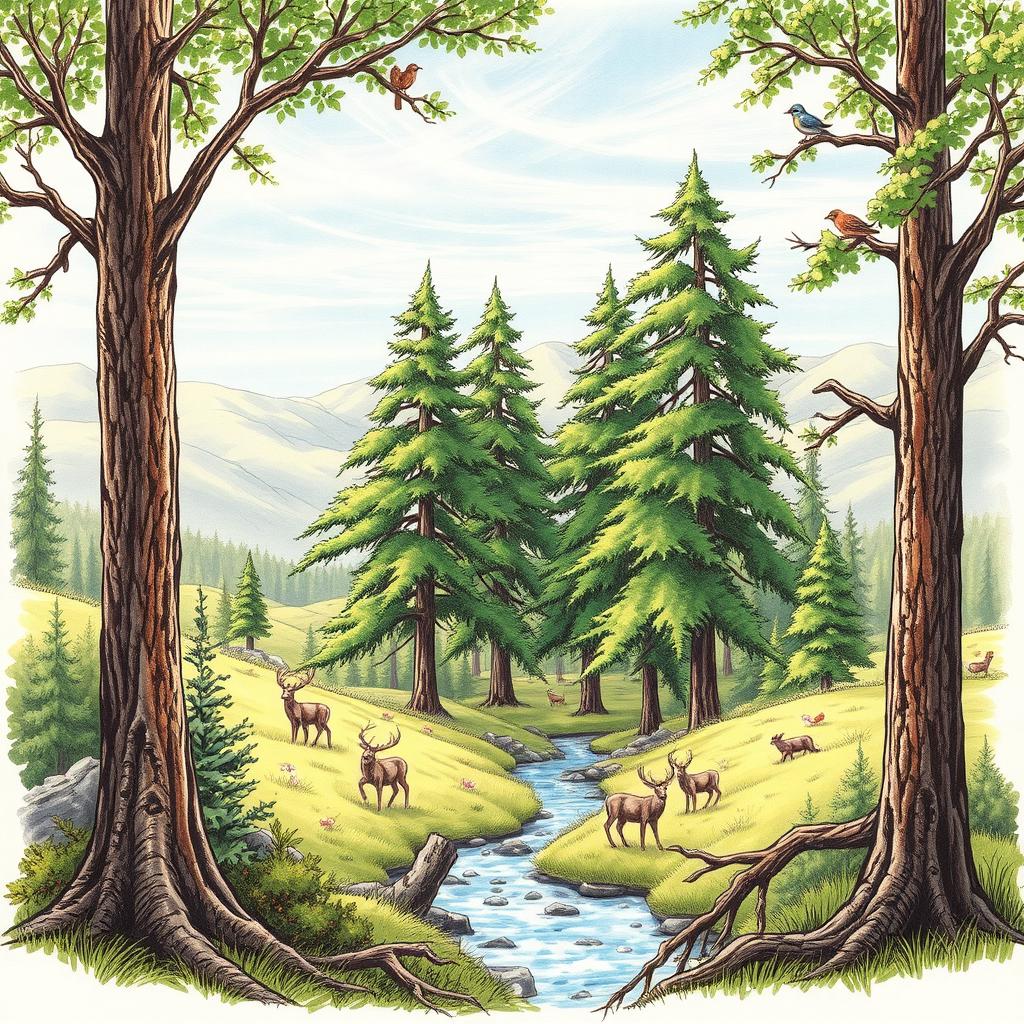 A detailed freehand sketch of a serene forest landscape, showcasing tall, majestic trees with lush green foliage, a gentle stream flowing through the scene, and a variety of wildlife such as deer grazing and birds perched on branches