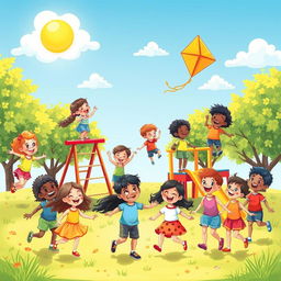 A whimsical and colorful playground scene filled with happy children playing together in joy