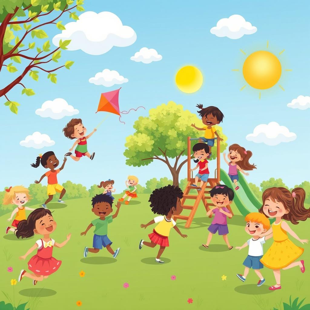 A whimsical and colorful playground scene filled with happy children playing together in joy