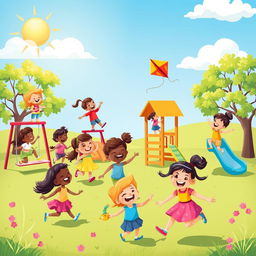 A whimsical and colorful playground scene filled with happy children playing together in joy