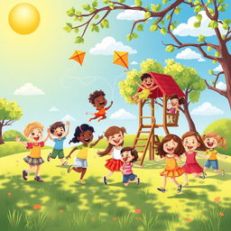 A whimsical and colorful playground scene filled with happy children playing together in joy