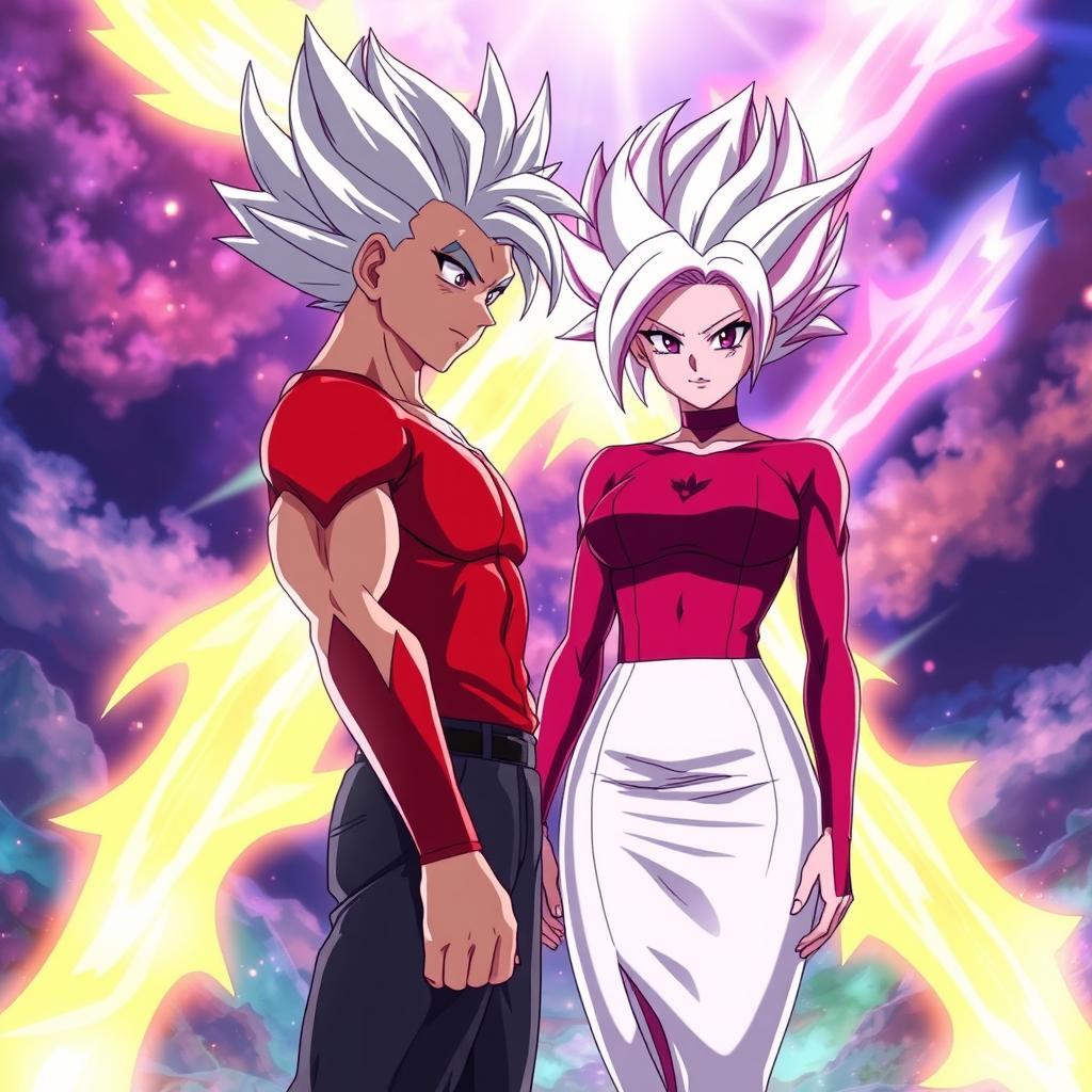 An anime scene featuring Vayla, a sexy, strong, and calm female Saiyan with striking silver-pink hair and captivating violet eyes