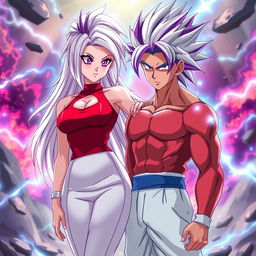An anime scene featuring Vayla, a sexy, strong, and calm female Saiyan with striking silver-pink hair and captivating violet eyes