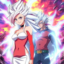 An anime scene featuring Vayla, a sexy, strong, and calm female Saiyan with striking silver-pink hair and captivating violet eyes