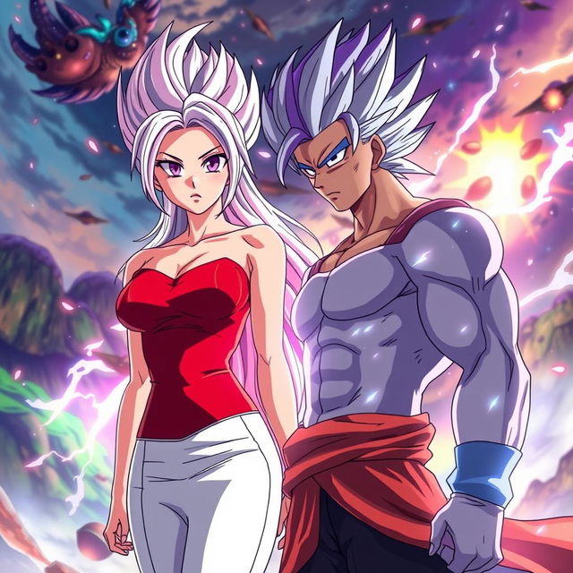 An anime scene featuring Vayla, a sexy, strong, and calm female Saiyan with striking silver-pink hair and captivating violet eyes