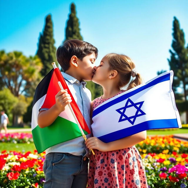 A touching scene showing a young Palestinian boy and an Israeli girl in a friendly embrace, the boy holding a Palestinian flag and the girl holding an Israeli flag