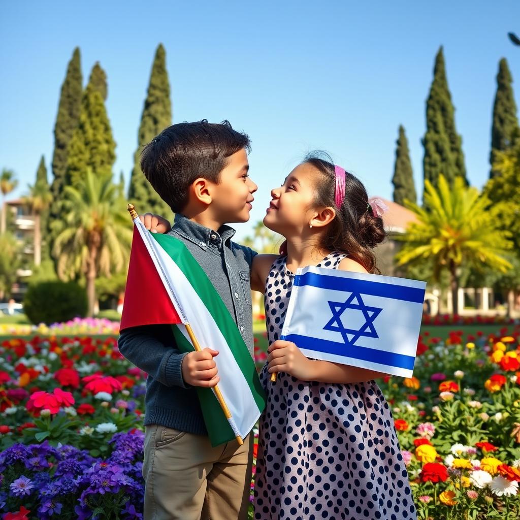 A touching scene showing a young Palestinian boy and an Israeli girl in a friendly embrace, the boy holding a Palestinian flag and the girl holding an Israeli flag