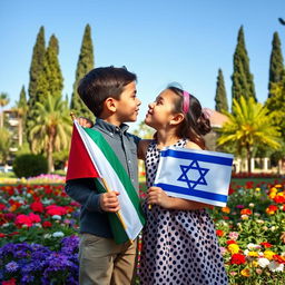 A touching scene showing a young Palestinian boy and an Israeli girl in a friendly embrace, the boy holding a Palestinian flag and the girl holding an Israeli flag