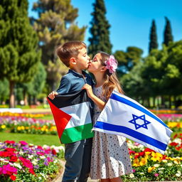 A touching scene showing a young Palestinian boy and an Israeli girl in a friendly embrace, the boy holding a Palestinian flag and the girl holding an Israeli flag