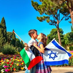 A touching scene showing a young Palestinian boy and an Israeli girl in a friendly embrace, the boy holding a Palestinian flag and the girl holding an Israeli flag