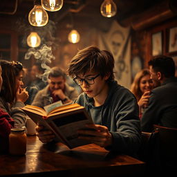 A teenager reading a book in a smoky atmosphere surrounded by people who are smoking